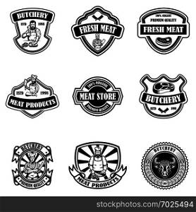 Set of vintage meat store labels. Design element for logo, emblem, sign, poster. Vector illustration