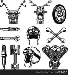 Set of vintage motorcycle design elements isolated on white background. Design element for logo, label, emblem, sign, poster, t shirt. Vector illustration