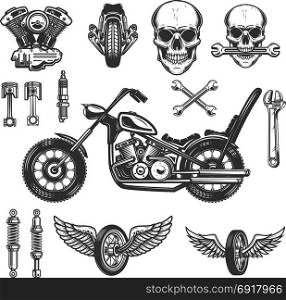 Set of vintage motorcycle design elements on white background. wheel, racer helmet, spark plug. Design elements for logo, label, emblem, sign, badge. Vector illustration