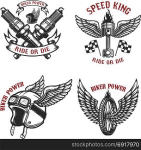 Set of vintage motorcycle emblems on white background. Winged piston, wheel, racer helmet, crossed spark plug. Design elements for logo, label, emblem, sign, badge. Vector illustration