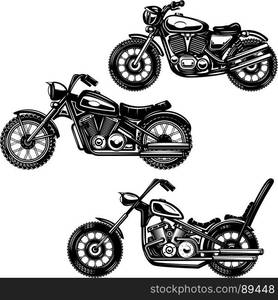 Set of vintage motorcycle illustrations isolated on white background. Design element for logo, label, emblem, sign, poster, t shirt. Vector illustration