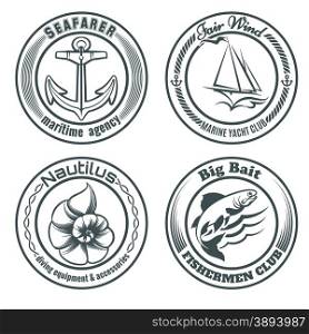 Set of vintage nautical stamps or labels. Anchor, sailship, seashell and fish. Only free font used. Isolated on white background.