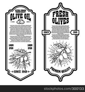 Set of vintage olive oil flyer templates. Design element for logo, label, emblem, sign, badge. Vector illustration