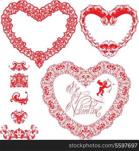 Set of vintage ornamental hearts shapes with calligraphic text BE MY VALENTINE and ornament elements. Valentines Day card design
