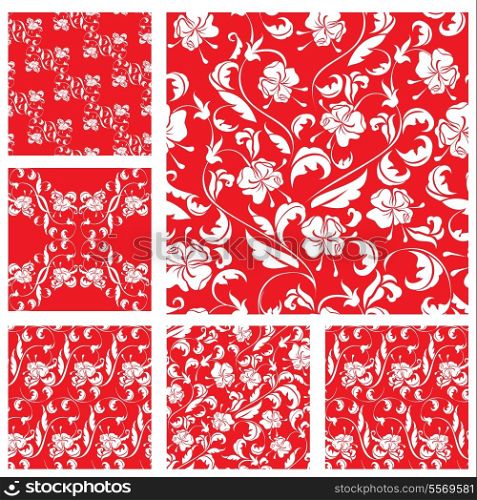 Set of Vintage ornate seamless patterns with white roses sihouettes on red background. Ready to use as swatch