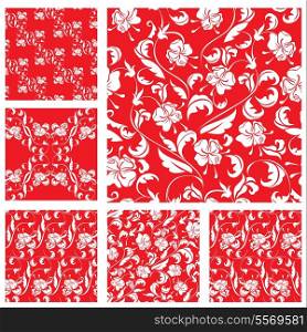 Set of Vintage ornate seamless patterns with white roses sihouettes on red background. Ready to use as swatch
