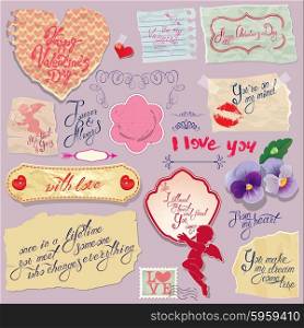 Set of vintage papers and labels, heart, calligraphic texts for Valentines Day design.