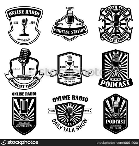 Set of vintage podcast, radio emblems with microphone. Design element for logo, label, sign, badge, poster. Vector illustration