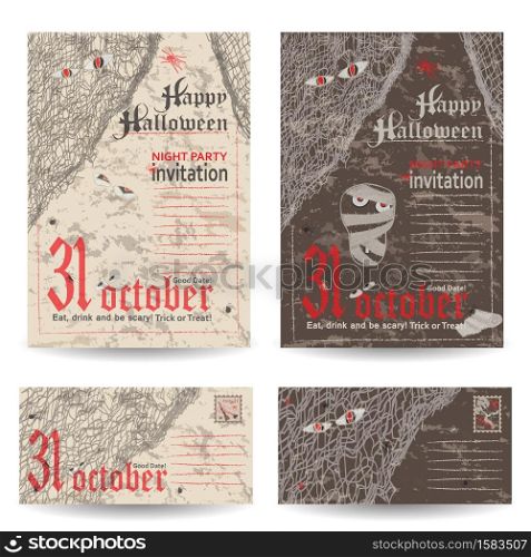 Set of vintage post cards, letters and envelope for Halloween party. Vector illustration.. Set of vintage post cards, letters and envelope for Halloween party