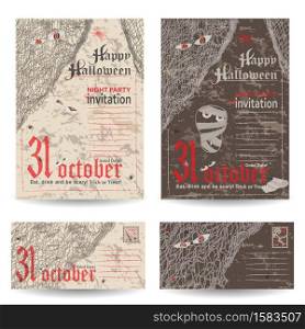 Set of vintage post cards, letters and envelope for Halloween party. Vector illustration.. Set of vintage post cards, letters and envelope for Halloween party