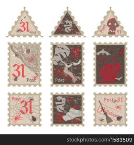 Set of vintage post stamps for Halloween party. Vector illustration.. Set of vintage post stamps for Halloween party