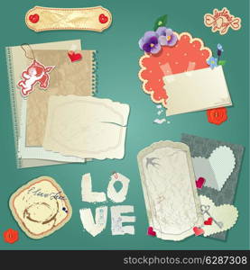 Set of vintage postcards, vintage papers and labels, hearts for Valentines Day design.