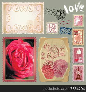 Set of vintage postcards with a beautiful hand drawing roses and post stamps for Valentines Day design.