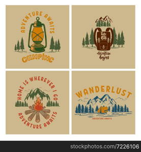 Set of Vintage poster designs with mountains, forest silhouettes, campfire, tourist backpack. For poster, banner, emblem, sign, logo. Vector illustration