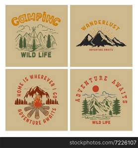 Set of Vintage poster designs with mountains, forest silhouettes, campfire, tourist backpack. For poster, banner, emblem, sign, logo. Vector illustration