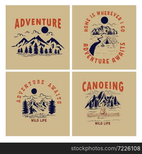 Set of Vintage poster designs with mountains, forest silhouettes, campfire, tourist backpack. For poster, banner, emblem, sign, logo. Vector illustration