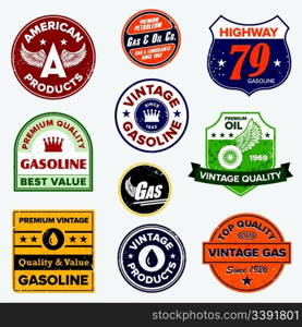 Set of vintage retro gasoline signs and labels