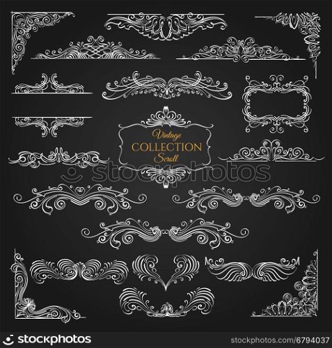 Set of vintage scroll elements on black background. Decorative swirls for your design. Vector illustration.