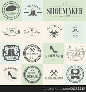Set of vintage shoes repair and shoemaker labels, emblems and designed elements Vector illustration