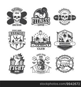 Set of vintage sports emblems labels badges and logos Monochrome style