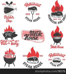 Set of vintage steak house emblems. Grilled steak. Design elements for poster, emblem, sign, badge, emblem. Vector illustration
