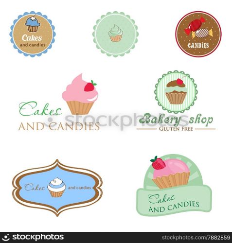 Set of vintage style logo with cupcake and candies. Good idea for label, banner, logo or other design