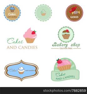 Set of vintage style logo with cupcake and candies. Good idea for label, banner, logo or other design