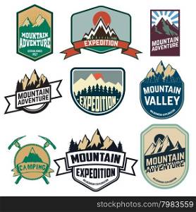 Set of vintage style mountains expedition labels and badges and design elements. Vector logo,badge or label design template.