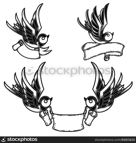 Set of vintage style tattoo with swallow birds and ribbons background. Design element for logo, label, emblem, sign. Vector illustration.