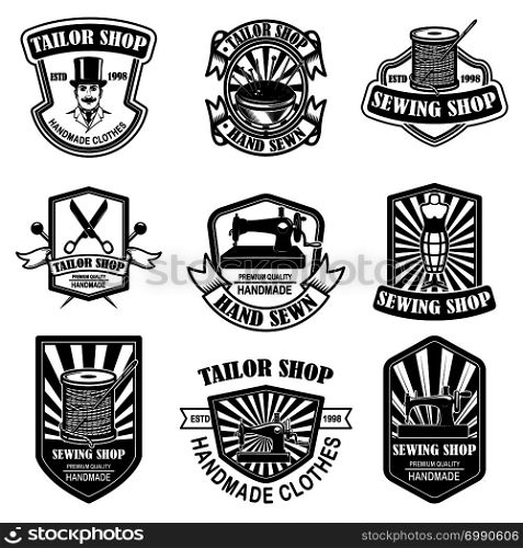 Set of vintage tailor shop emblems. Design elements for logo, label, sign, badge. Vector illustration