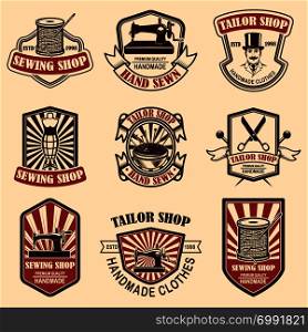 Set of vintage tailor shop emblems. Design elements for logo, label, sign, badge. Vector illustration