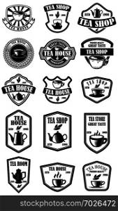Set of vintage tea house labels. Design element for logo, emblem, sign, poster. Vector illustration