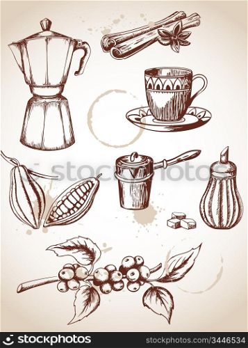 set of vintage vector coffee and cocoa icons