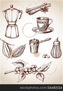 set of vintage vector coffee and cocoa icons