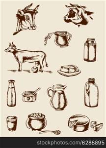 Set of vintage vector hand drawn dairy products and cow