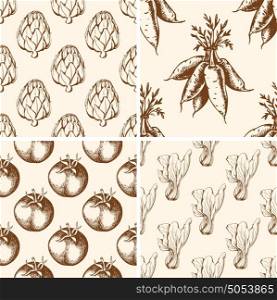 Set of vintage vector hand drawn seamless patterns with vegetables