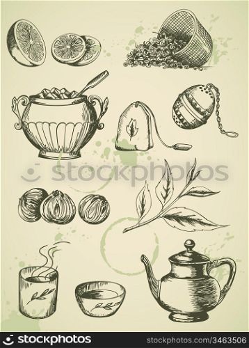set of vintage vector hand drawn tea icons