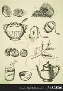 set of vintage vector hand drawn tea icons