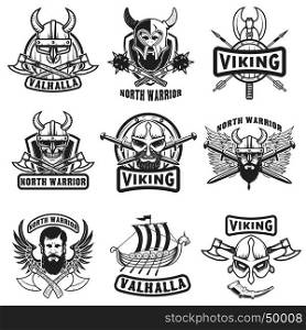 Set of vintage viking labels. Viking warrior in horned helmet, with beard, crossed axes, swords, shield. Design elements for logo, label, emblem, sign. Vector illustration