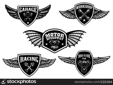 Set of vintage winged emblems. Racing, motorcycles, repair workshop. Design element for logo, label, sign, poster, t shirt. Vector illustration