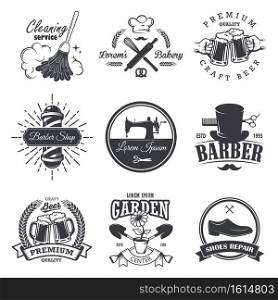 set of vintage workshop emblems labels badges and logos Monochrome style