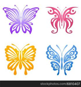 Set of violet, pink, yellow and blue butterflies silhouettes isolated on white background. Vector illustration can be used for tattoo, logo, web, print design, logotype and branding.