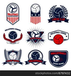 Set of volleyball labels and emblems. Design elements for logo, label, emblem, badge, sign. Vector illustration.