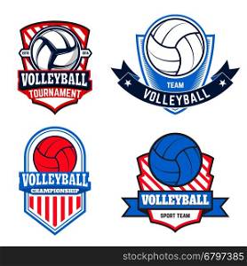 Set of volleyball labels and logos for volleyball teams, tournaments, championships isolated on white background. Vector illustration.