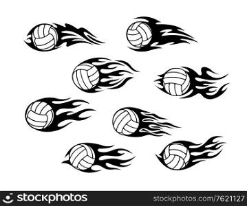 Set of volleyball sports tattoos with tribal flames