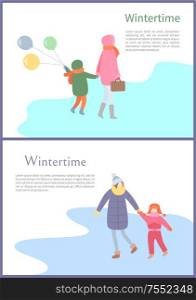 Set of walking mum with kid in wintertime in down-jacket and winter-suit with scarf and mittens with hat. Back and side view of people with text vector. Set of Walking Mum with Child in Wintertime Vector