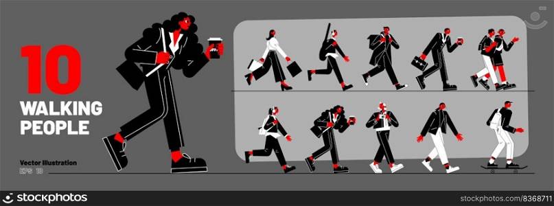 Set of walking people, diverse passerby characters walk. Tourist with camera, courier, businessperson with coffee cup, teenager with guitar, student on skateboard, Line art flat vector illustration. Set of walking people, diverse passerby characters