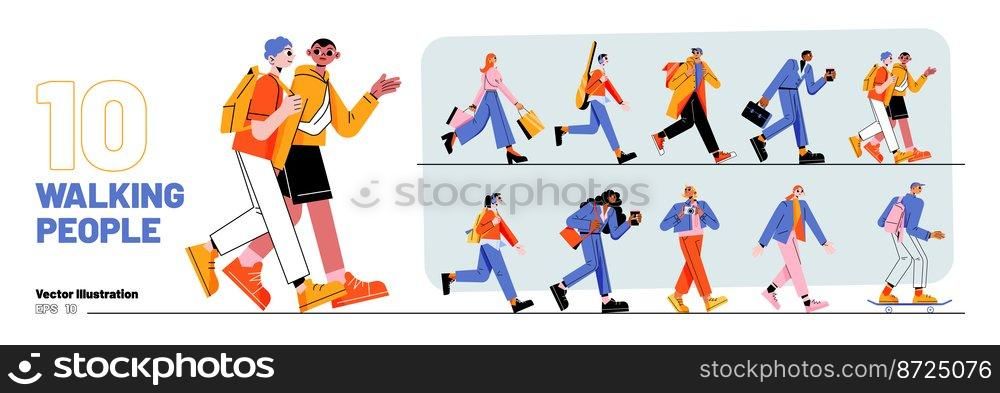 Set of walking people. Diverse pedestrians walk, tourist with camera, businessman, teenager, student or schoolgirl, courier passerby characters, young men and women, Line art flat vector illustration. Set of walking people, diverse pedestrians walk