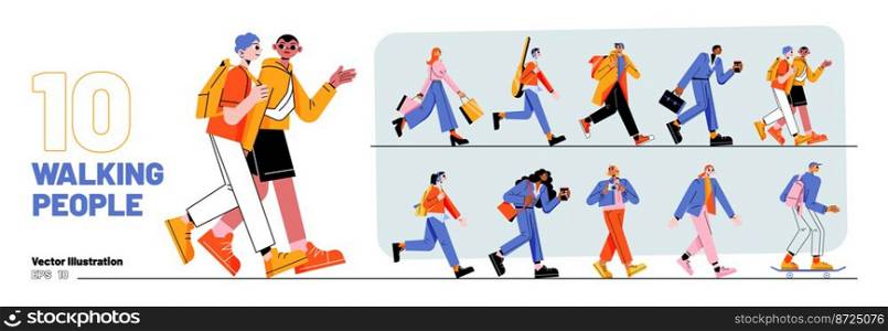 Set of walking people. Diverse pedestrians walk, tourist with camera, businessman, teenager, student or schoolgirl, courier passerby characters, young men and women, Line art flat vector illustration. Set of walking people, diverse pedestrians walk