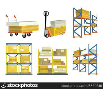 Set of Warehouse Elements. Set of warehouse elements. Warehouse and forklift truck, shelf with cartoon box. Logisti and factory building exterior, business delivery, logistics, storage cargo, delivery and shipping illustration